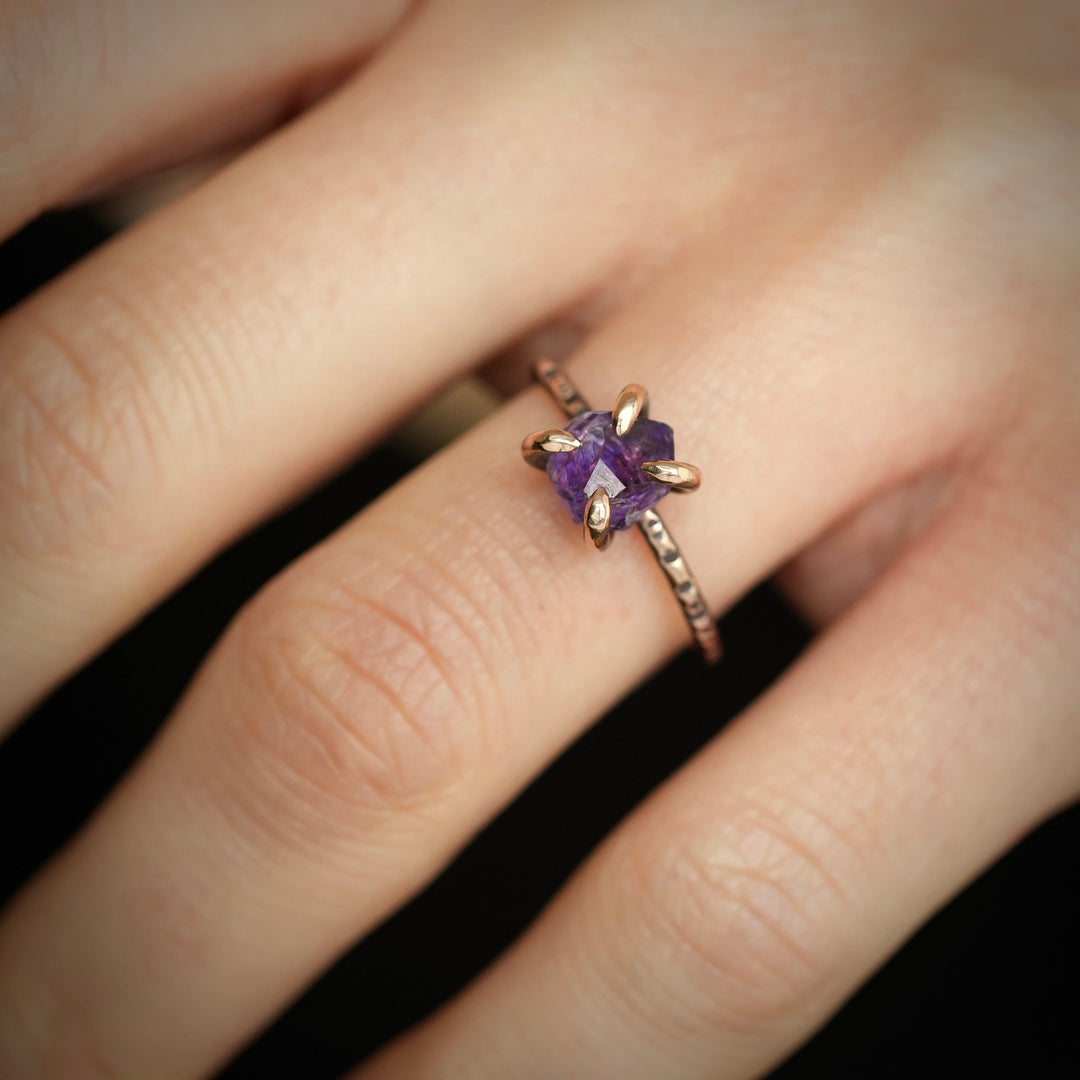 Raw Amethyst Ring: RTS Solid 14k Rose Gold 4 Prong Set Natural Uncut Amethyst Crystal Ring in US size 5.5 / UK size K 1/2