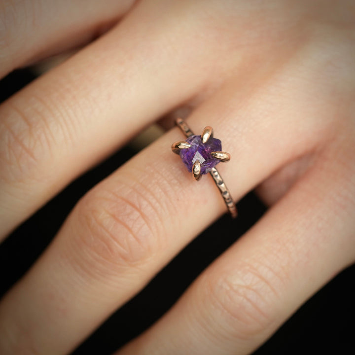 Raw Amethyst Ring: RTS Solid 14k Rose Gold 4 Prong Set Natural Uncut Amethyst Crystal Ring in US size 5.5 / UK size K 1/2