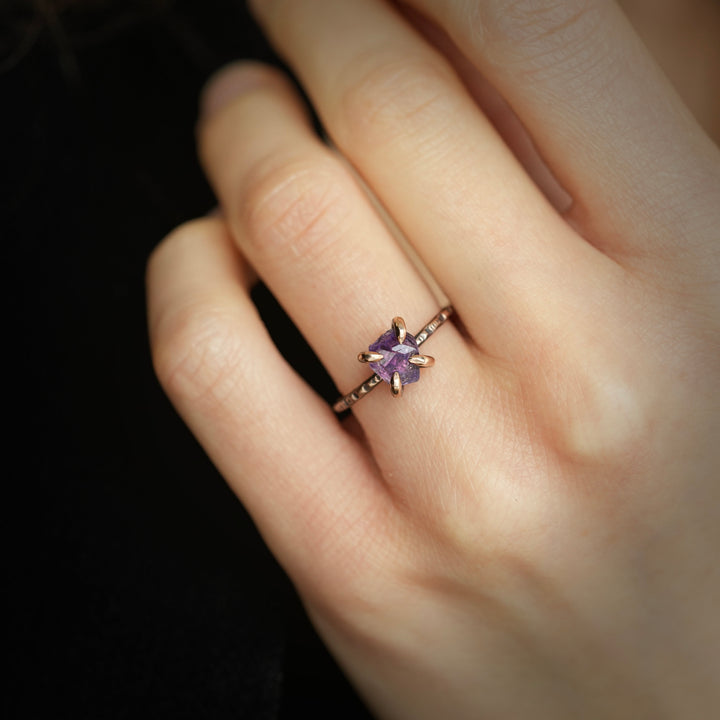Raw Amethyst Ring: RTS Solid 14k Rose Gold 4 Prong Set Natural Uncut Amethyst Crystal Ring in US size 5.5 / UK size K 1/2