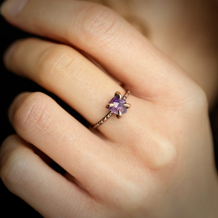 Raw Amethyst Ring: RTS Solid 14k Rose Gold 4 Prong Set Natural Uncut Amethyst Crystal Ring in US size 5.5 / UK size K 1/2