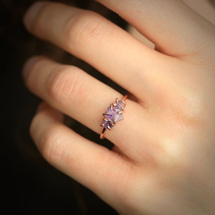 Raw Amethyst 3 Stone Crystal Ring