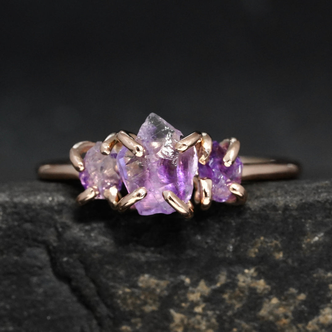 Raw Amethyst 3 Stone Crystal Ring