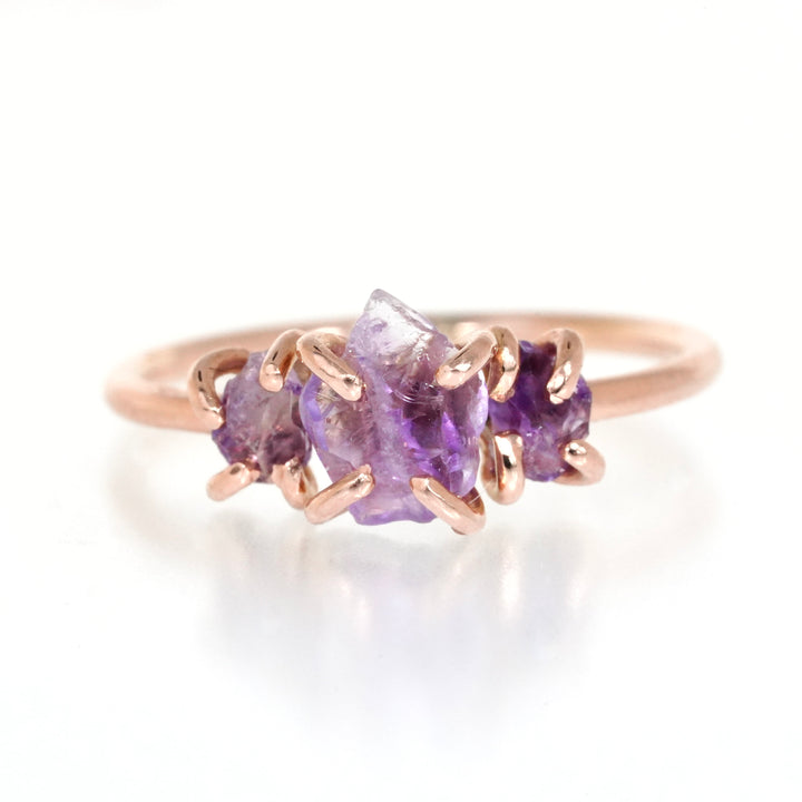 Raw Amethyst 3 Stone Crystal Ring