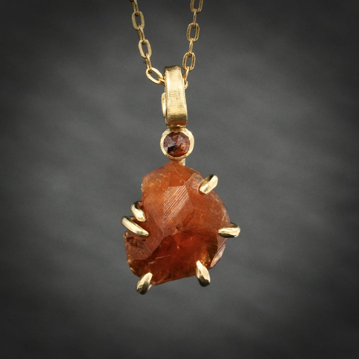 Yellow Gold Raw Spessartine Garnet and Reddish Orange Diamond Necklace