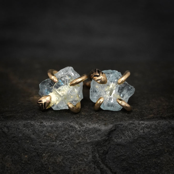 RTS 14k Yellow Gold Rebel Pattern Raw Aquamarine Studs