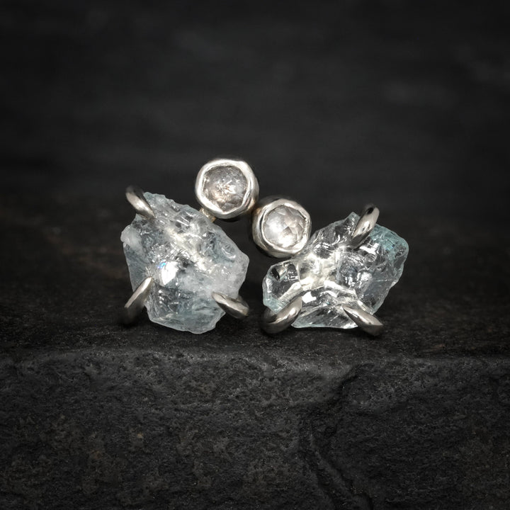 RTS 14k White Gold Raw Aquamarine and Diamond Studs