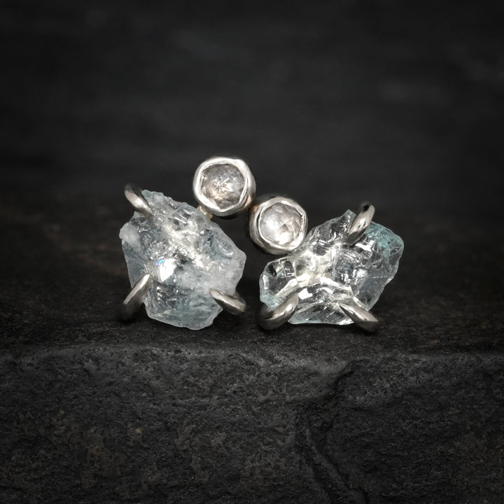 Raw Aquamarine and White Diamond Studs