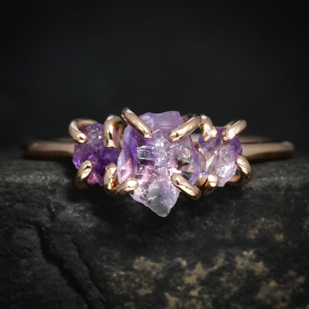 Raw Amethyst 3 Stone Crystal Ring