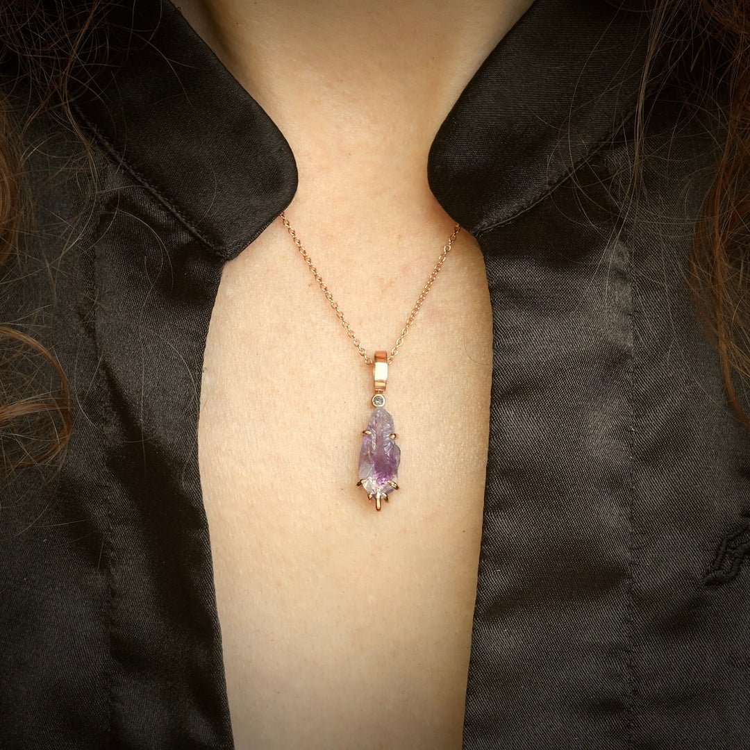 Raw Amethyst Crystal and Pink Diamond Necklace