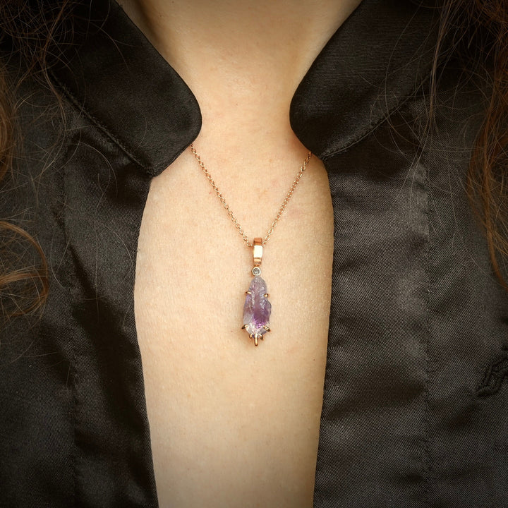 Raw Amethyst Crystal and Pink Diamond Necklace