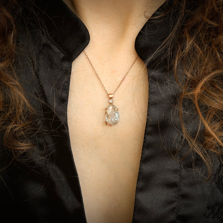 Raw Aquamarine Crystal and Diamond Necklace