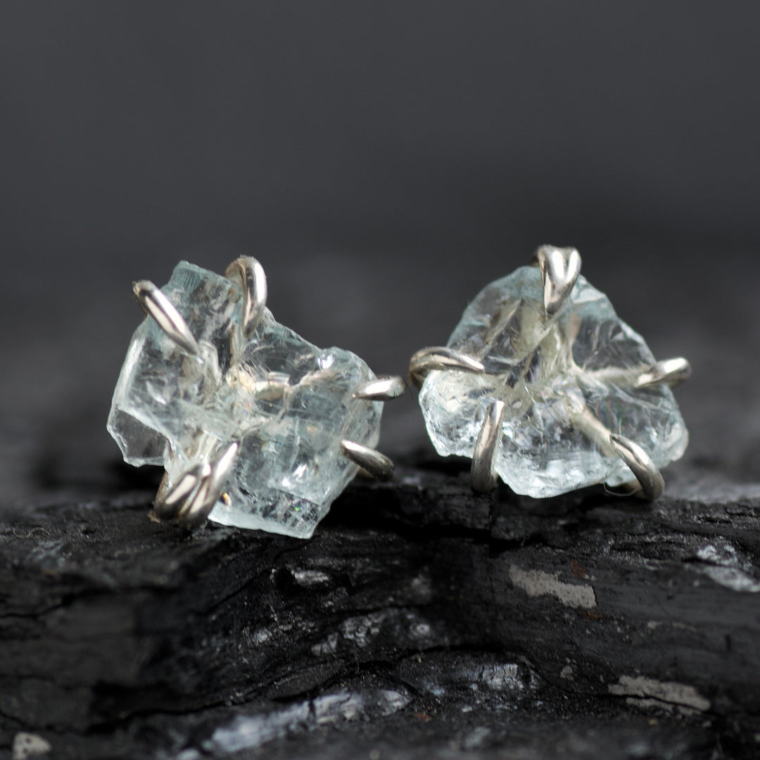 Rustic Organic Raw Uncut Aquamarine Stud Earrings