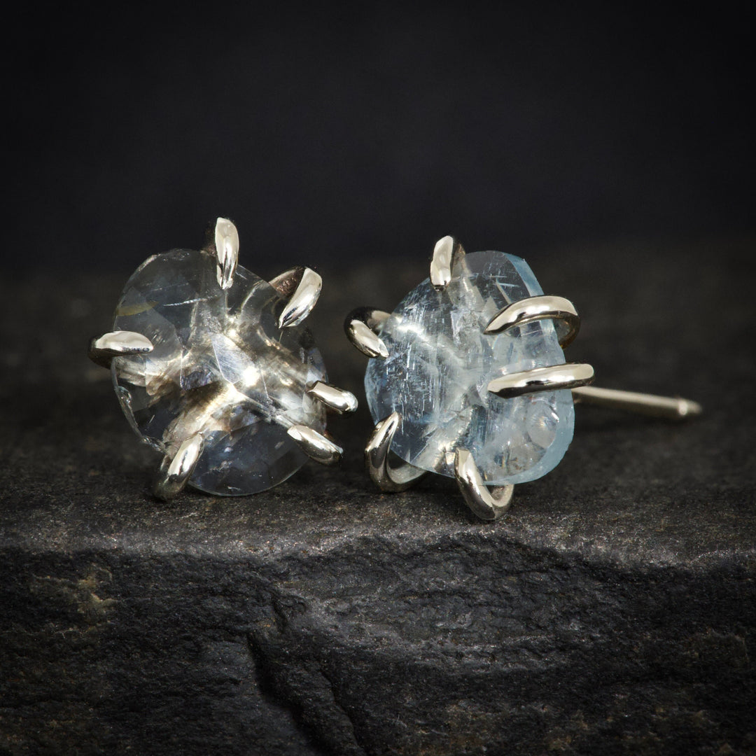 White Gold Rustic Organic Rose Cut Random Shape Unique Moss Aquamarine Stud Earrings