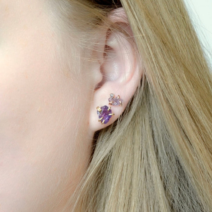 Raw Natural Amethyst Yellow Gold Stud Earrings