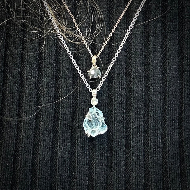 Raw Aquamarine Crystal and Diamond Necklace. Raw Aquamarine Necklace. March Birthstone Gift. Unique Aquamarine Necklace. Gift for Her