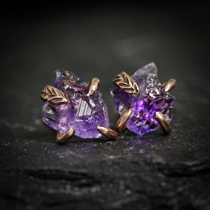 Raw Amethyst Stud Earrings. Amethyst Leaf Studs. Rustic Organic Rough Raw Amethyst Stud Earrings. Natural Raw Uncut Amethyst Studs Earrings