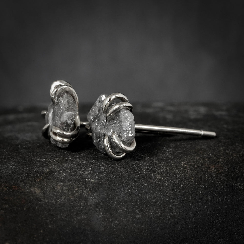 Raw Grey Diamond Stud Earrings. Rustic Raw Rough Natural Grey Gray Diamond Stud Earrings. Grey Diamond Studs. Gray Diamond Studs