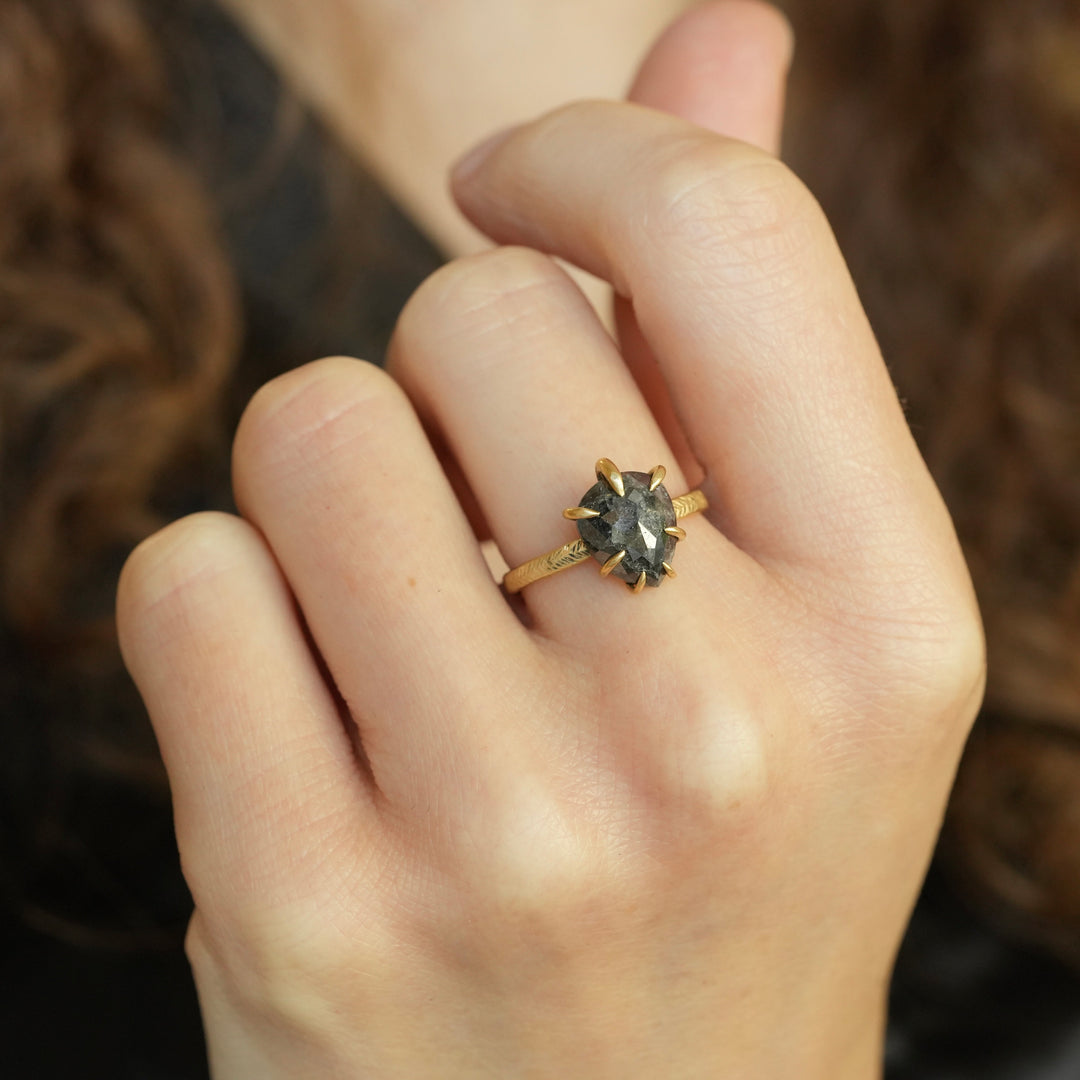 Pear Diamond Ring: RTS 18k Solid Yellow Gold 7 Prong Set Natural Pear Shape Black Diamond Ring in US size 6.5 / UK size M 1/2