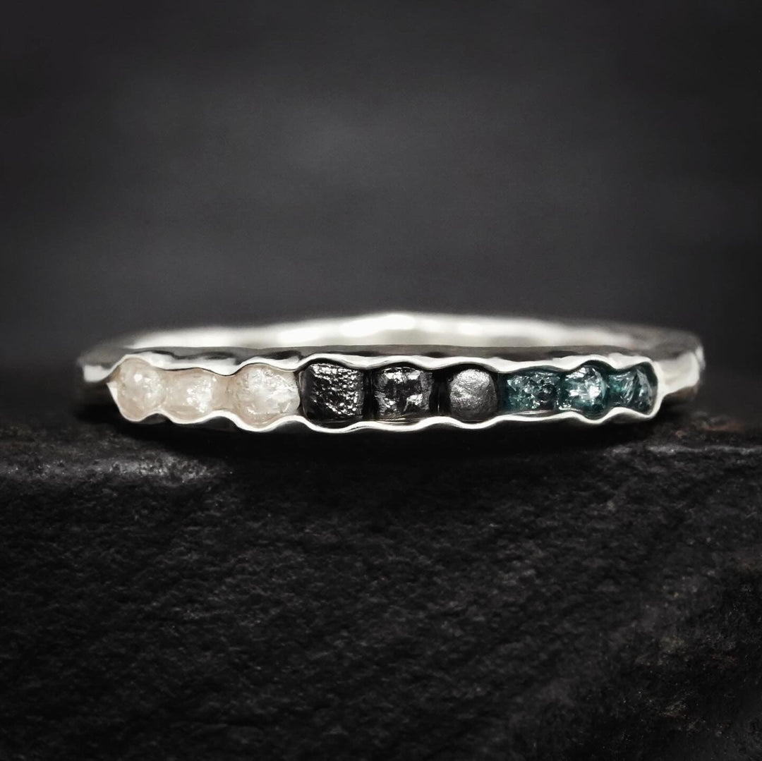 Blue, Black and White Sterling Silver Diamond Band Ring