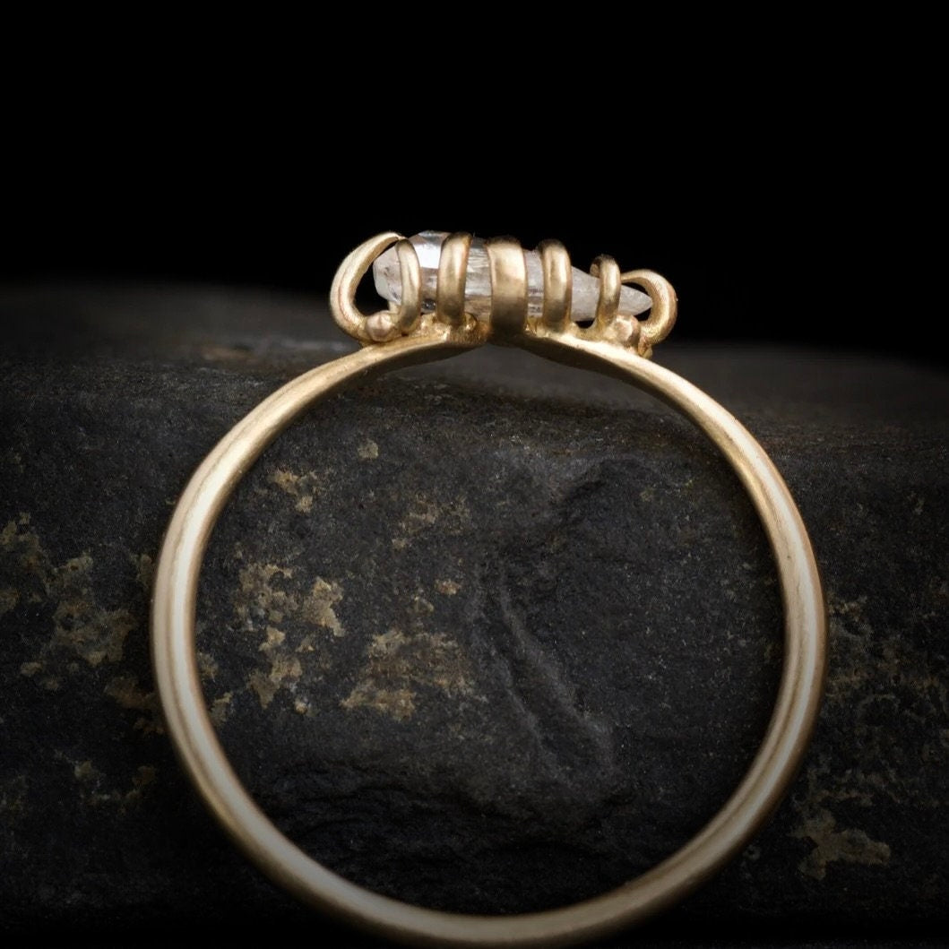 Diamond Crystal Ring: RTS 14k Solid Yellow Gold 12 Prong Set Natural Untreated and Uncut Raw Clear Diamond Ring in US size 5.75 / UK size L