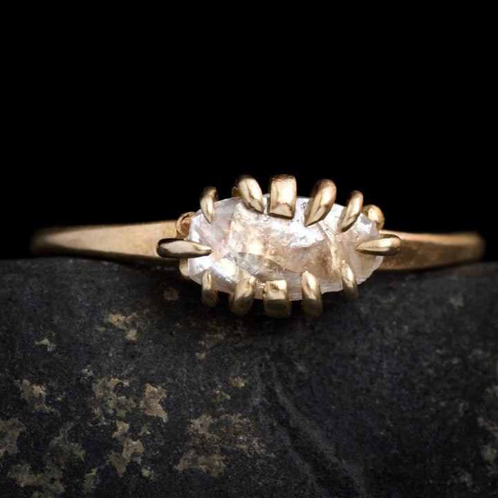 Diamond Crystal Ring: RTS 14k Solid Yellow Gold 12 Prong Set Natural Untreated and Uncut Raw Clear Diamond Ring in US size 5.75 / UK size L