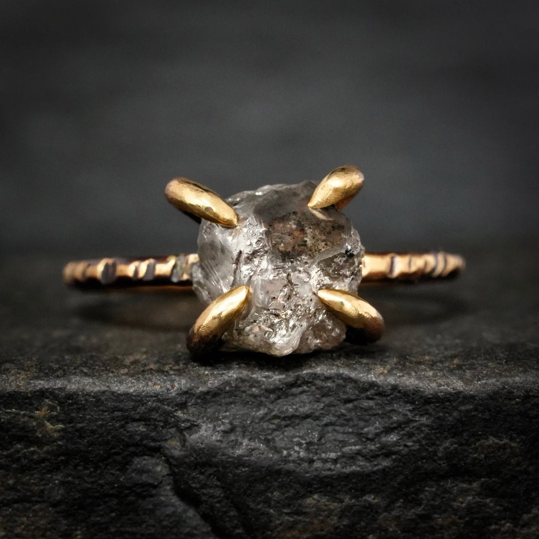 Raw Diamond Ring: RTS 14k Solid Yellow Gold 4 Prong Set Raw Grey Salt and Pepper Galaxy Diamond Ring in US size 4.75 / UK size J