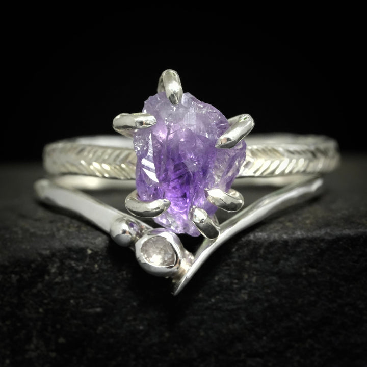 Raw Amethyst Crystal and White Diamond Wedding Ring Set