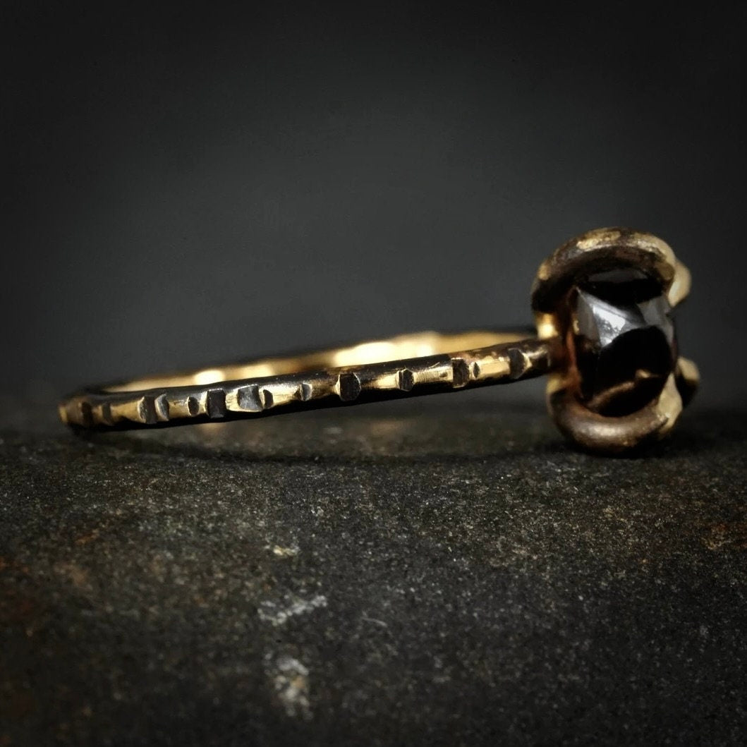 Brown Diamond Ring: RTS 18k Solid Yellow Gold Triangle Shape 4 Prong Set Brown Diamond Crystal Ring in US size 5 / UK size J 1/2