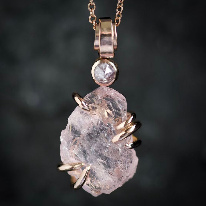 RTS 14k Rose Gold Morganite and Diamond Necklace Pink Crystal Necklace Natural Pink Stone Necklace Raw Crystal Pendant