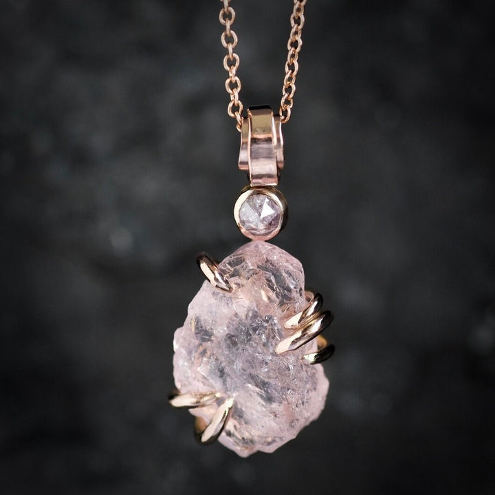 RTS 14k Rose Gold Morganite and Diamond Necklace Pink Crystal Necklace Natural Pink Stone Necklace Raw Crystal Pendant