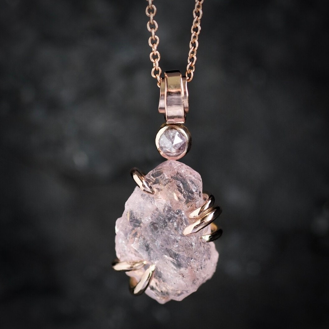 Rustic Morganite and Diamond Necklace Pink Crystal Necklace Natural Pink Stone Necklace Raw Crystal Pendant