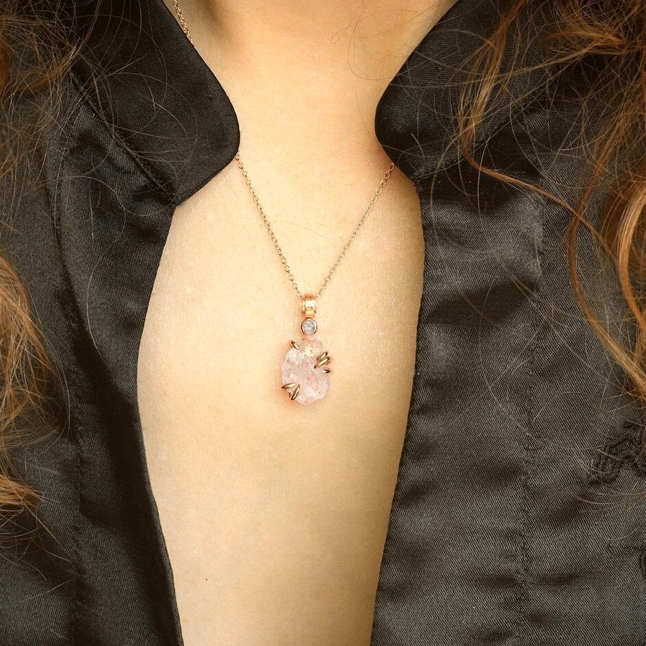 Rustic Morganite and Diamond Necklace Pink Crystal Necklace Natural Pink Stone Necklace Raw Crystal Pendant