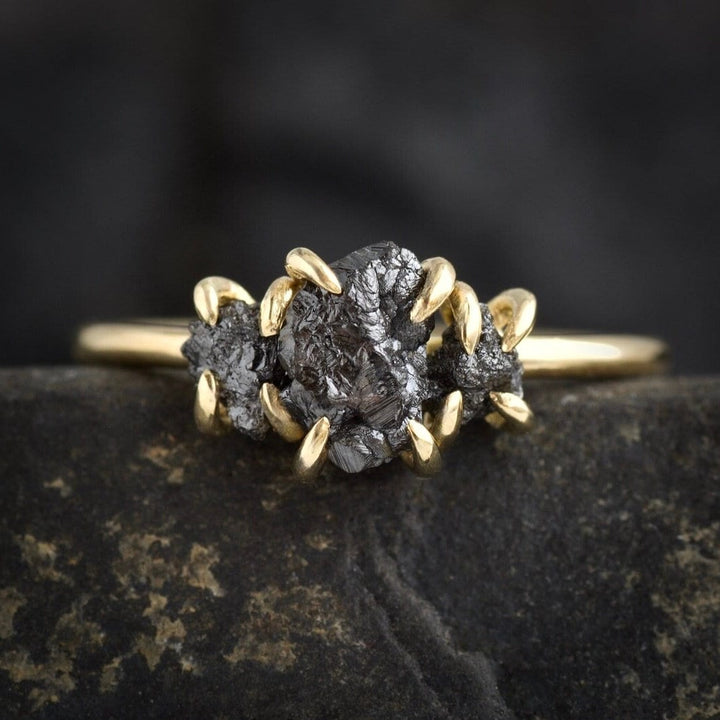 Black Diamond Ring: RTS Solid 18k Yellow Gold Prong Set 3 Stone Raw Uncut Black Diamond Ring in US size 5 / UK size J 1/2
