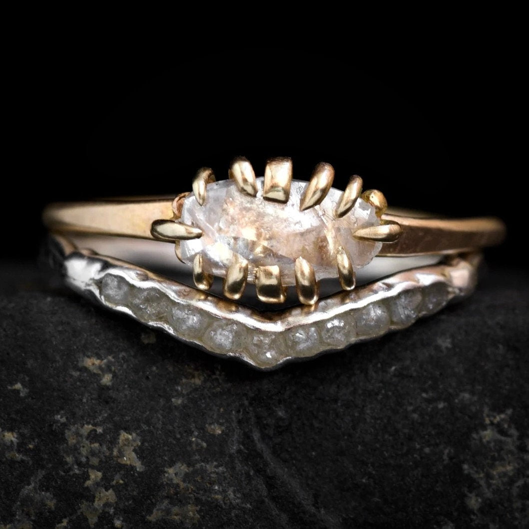 Diamond Crystal Ring: RTS 14k Solid Yellow Gold 12 Prong Set Natural Untreated and Uncut Raw Clear Diamond Ring in US size 5.75 / UK size L