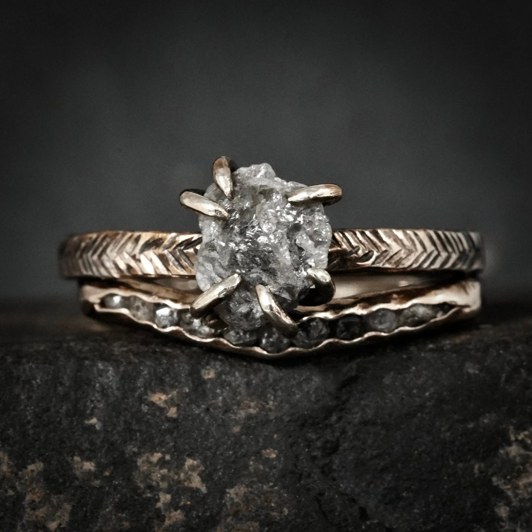 Viking wedding ring set with raw diamonds