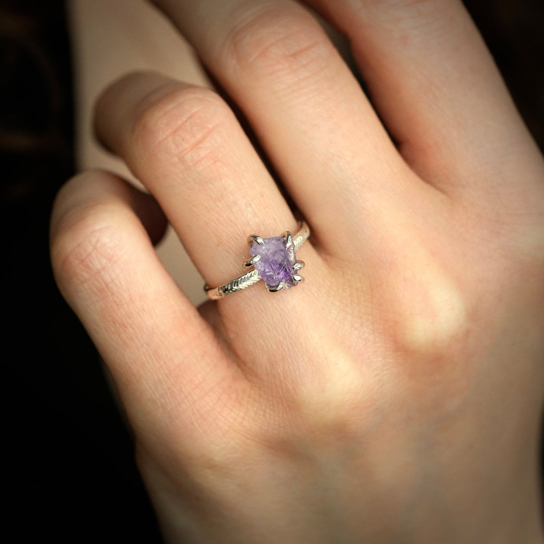 Raw Amethyst Crystal and White Diamond Wedding Ring Set