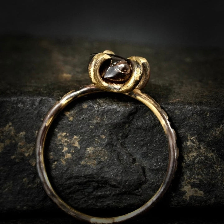 Brown Diamond Ring: RTS 18k Solid Yellow Gold Triangle Shape 4 Prong Set Brown Diamond Crystal Ring in US size 5 / UK size J 1/2