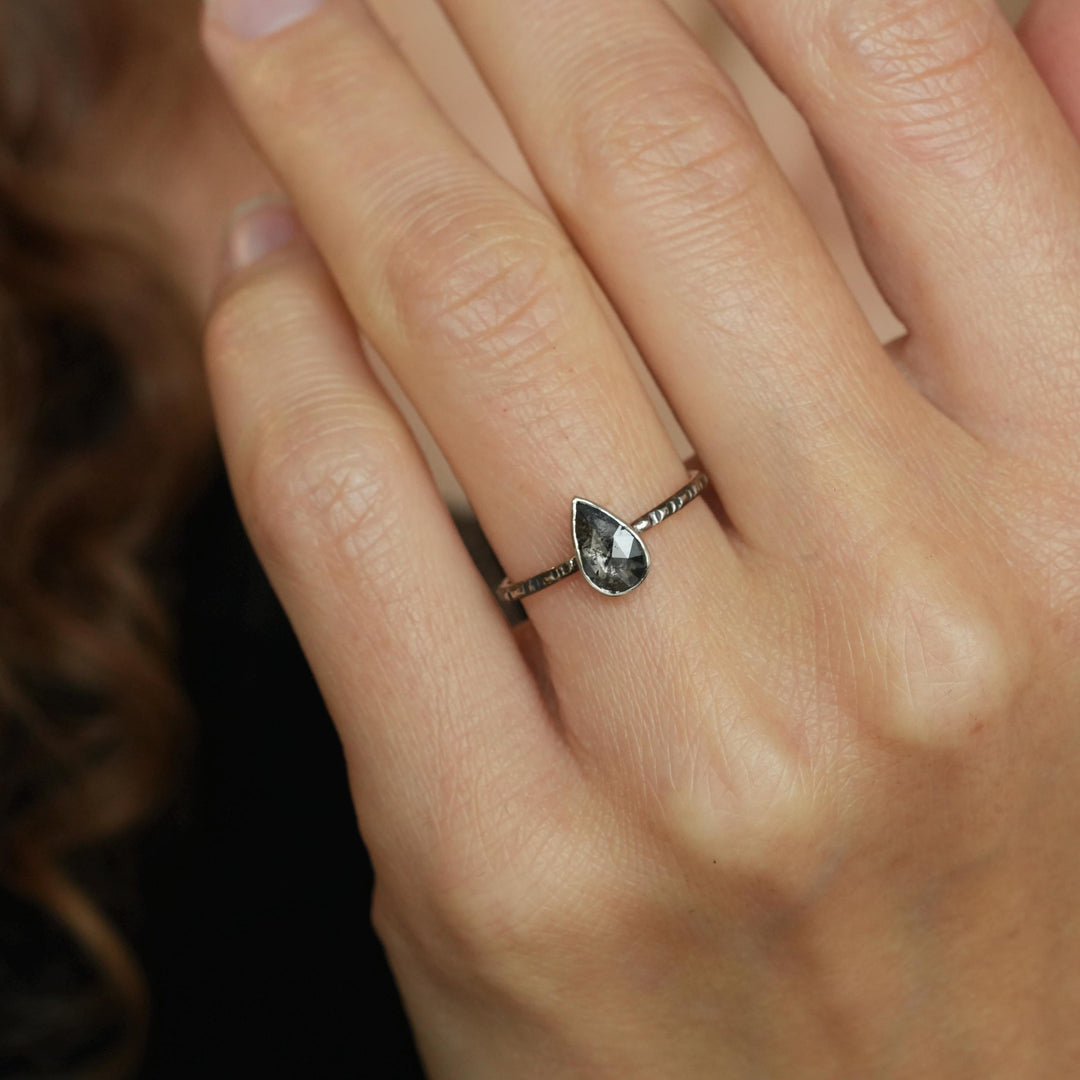 Pear Diamond Ring: RTS 14k Solid White Gold Bezel Set Salt and Pepper Galaxy Pear Shape Diamond Ring in US size 5 / UK size J 1/2