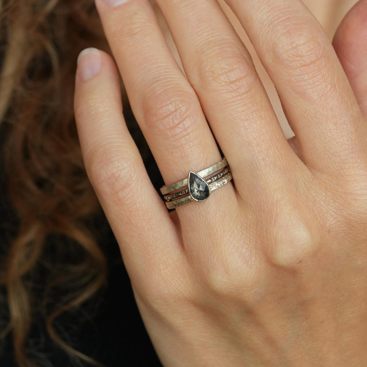 Pear Diamond Ring: RTS 14k Solid White Gold Bezel Set Salt and Pepper Galaxy Pear Shape Diamond Ring in US size 5 / UK size J 1/2