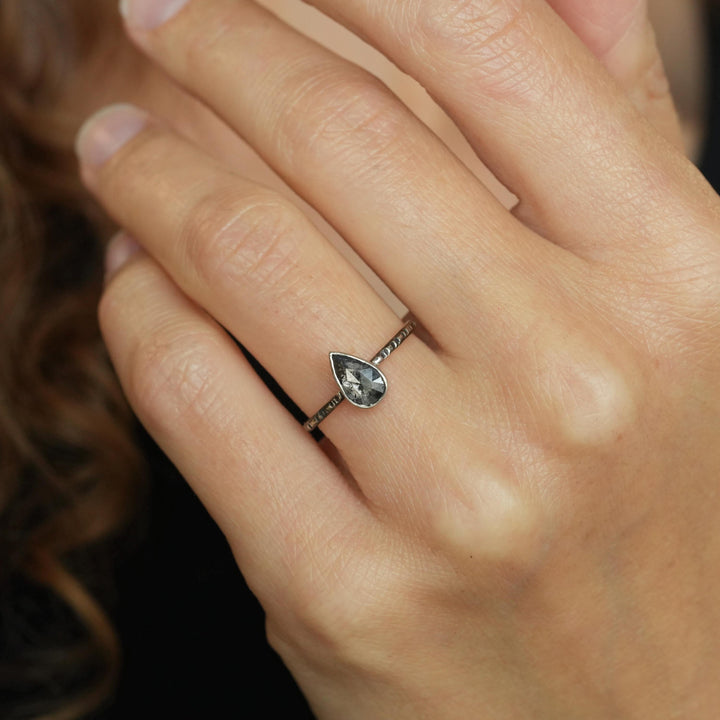 Pear Diamond Ring: RTS 14k Solid White Gold Bezel Set Salt and Pepper Galaxy Pear Shape Diamond Ring in US size 5 / UK size J 1/2