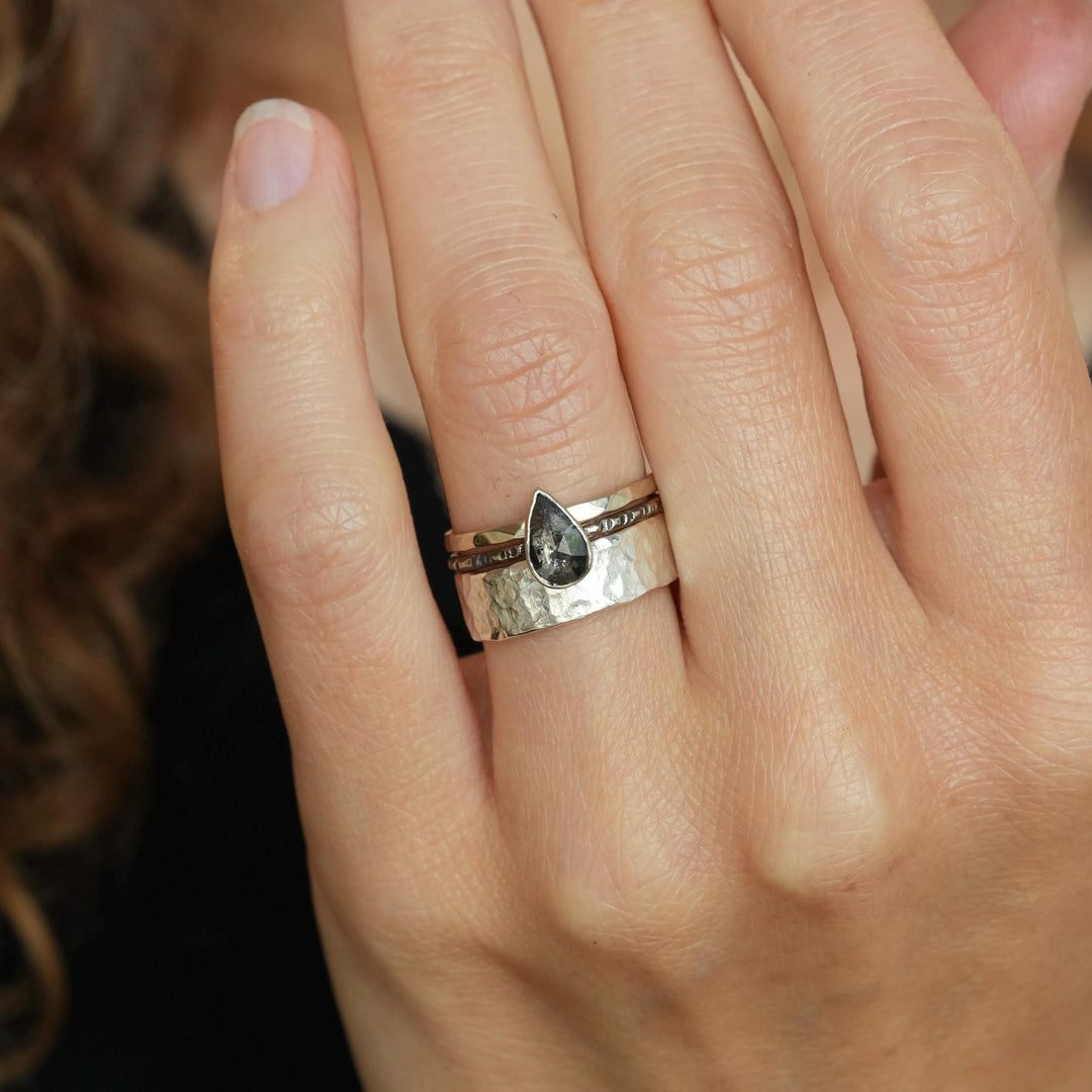 Pear Diamond Ring: RTS 14k Solid White Gold Bezel Set Salt and Pepper Galaxy Pear Shape Diamond Ring in US size 5 / UK size J 1/2