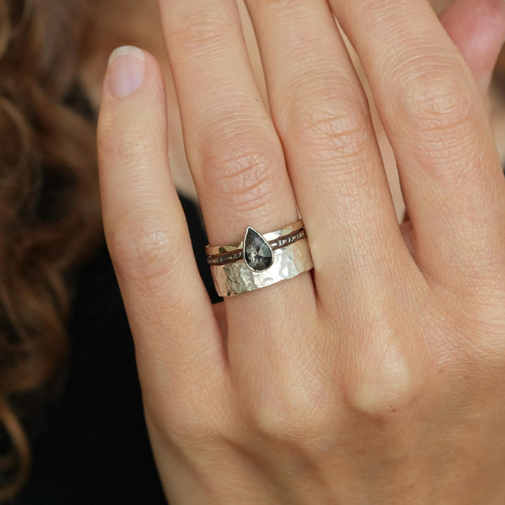 Pear Diamond Ring: RTS 14k Solid White Gold Bezel Set Salt and Pepper Galaxy Pear Shape Diamond Ring in US size 5 / UK size J 1/2