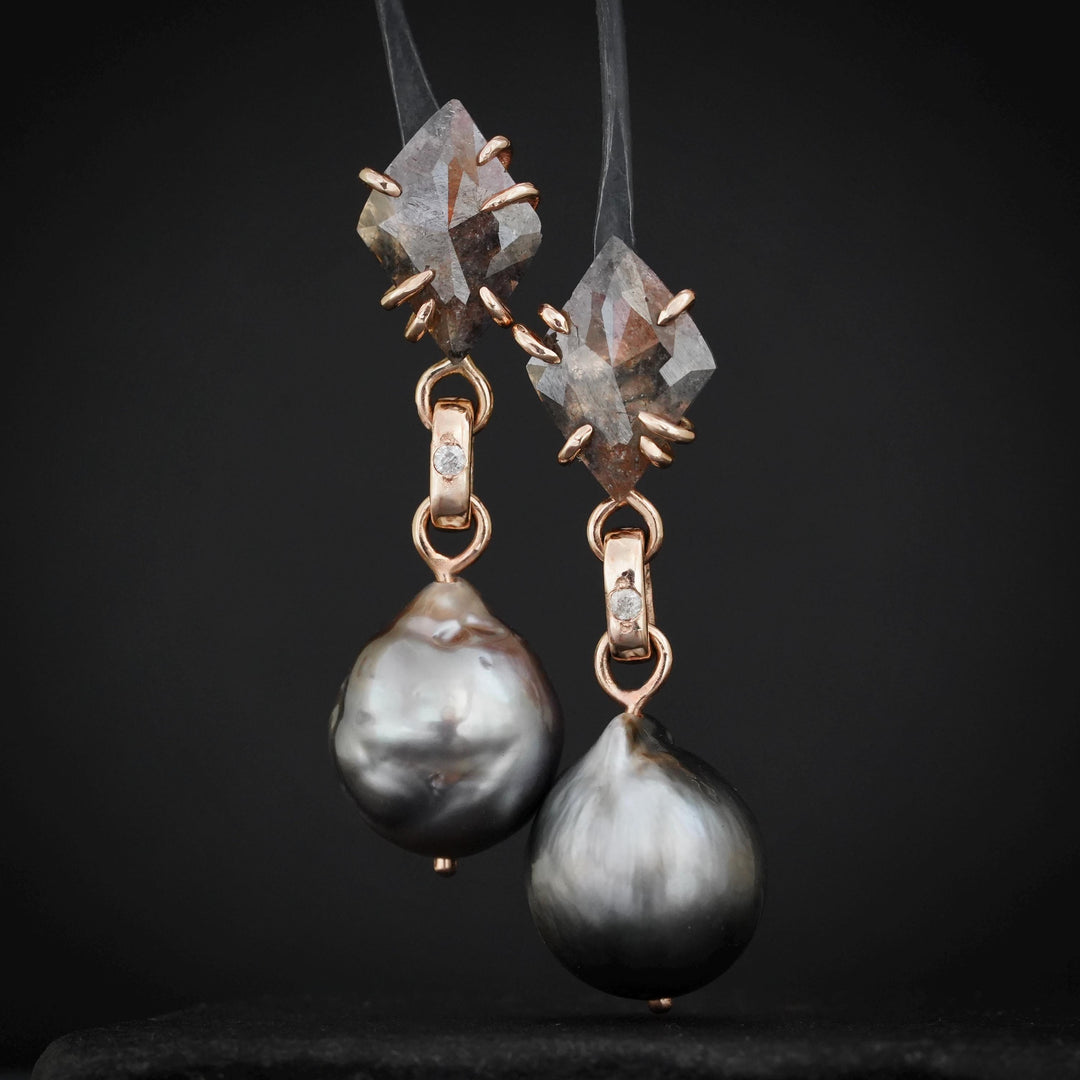 Black Pearl and Diamond Earrings. Unique Rose Gold Black Tahitian Pearl and Kite Shape Diamond Earrings. Wedding Ceremony Earrings