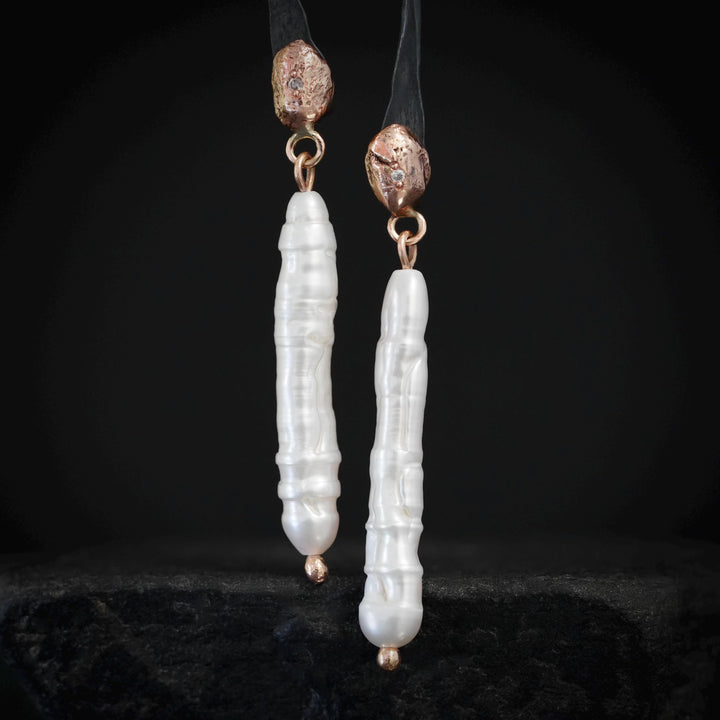 White Pearl and Diamond Earrings. Unique Long White Freshwater Stick Pearl and Solid Gold Nugget Dangling Earrings for Wedding Ceremony