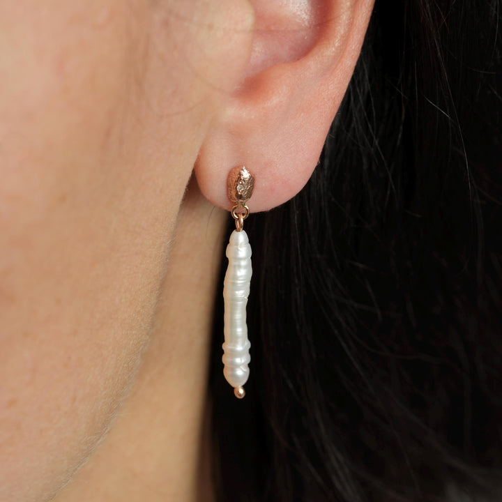 White Pearl and Diamond Earrings. Unique Long White Freshwater Stick Pearl and Solid Gold Nugget Dangling Earrings for Wedding Ceremony