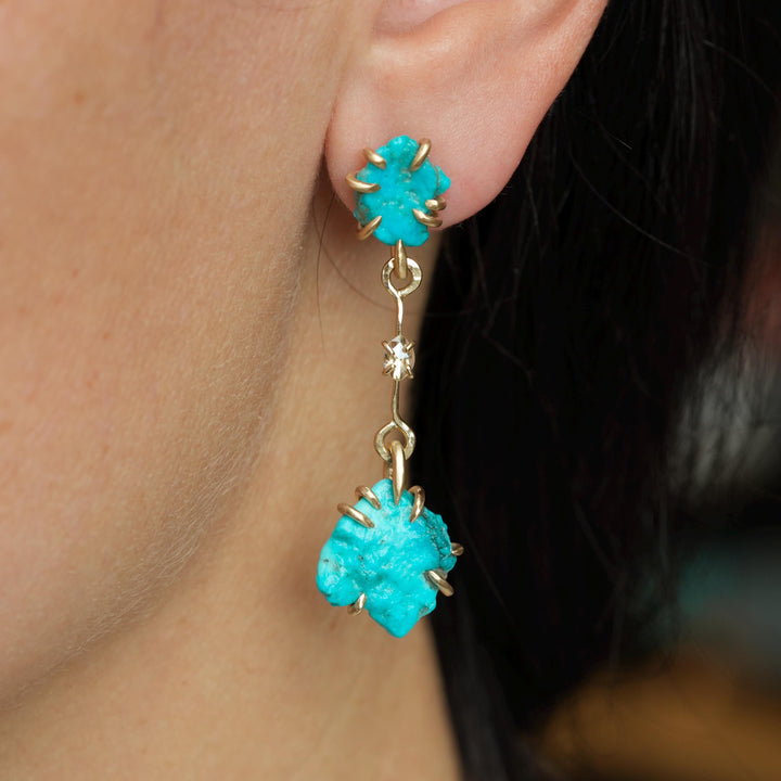 14k Yellow Gold Turquoise and Diamond Earrings