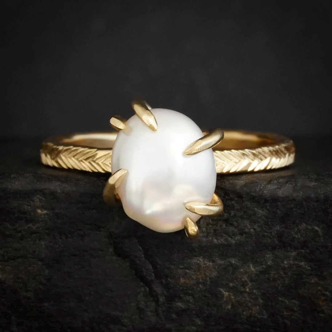 Pearl Ring. Yellow Gold Prong Set Feather Rebel Textured White Freshwater Pearl Engagement Promise Ring. White Pearl Statement Ring