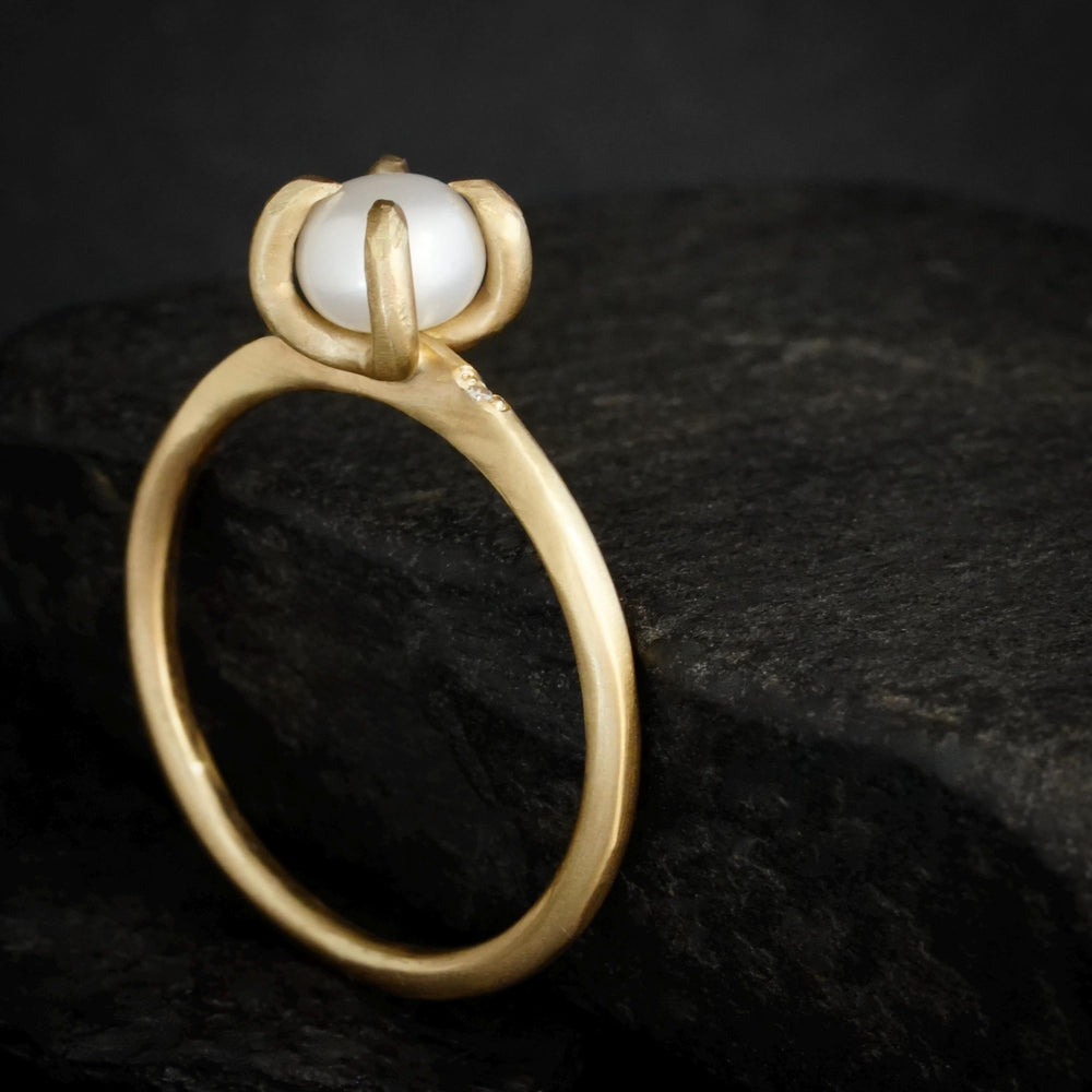 Pearl Ring. Matte Yellow Gold Unique Handmade White Freshwater Pearl and Melee Diamond Engagement Promise Ring. Pearl Engagement Ring