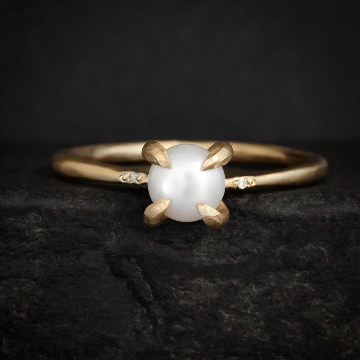 Pearl Ring. Matte Yellow Gold Unique Handmade White Freshwater Pearl and Melee Diamond Engagement Promise Ring. Pearl Engagement Ring