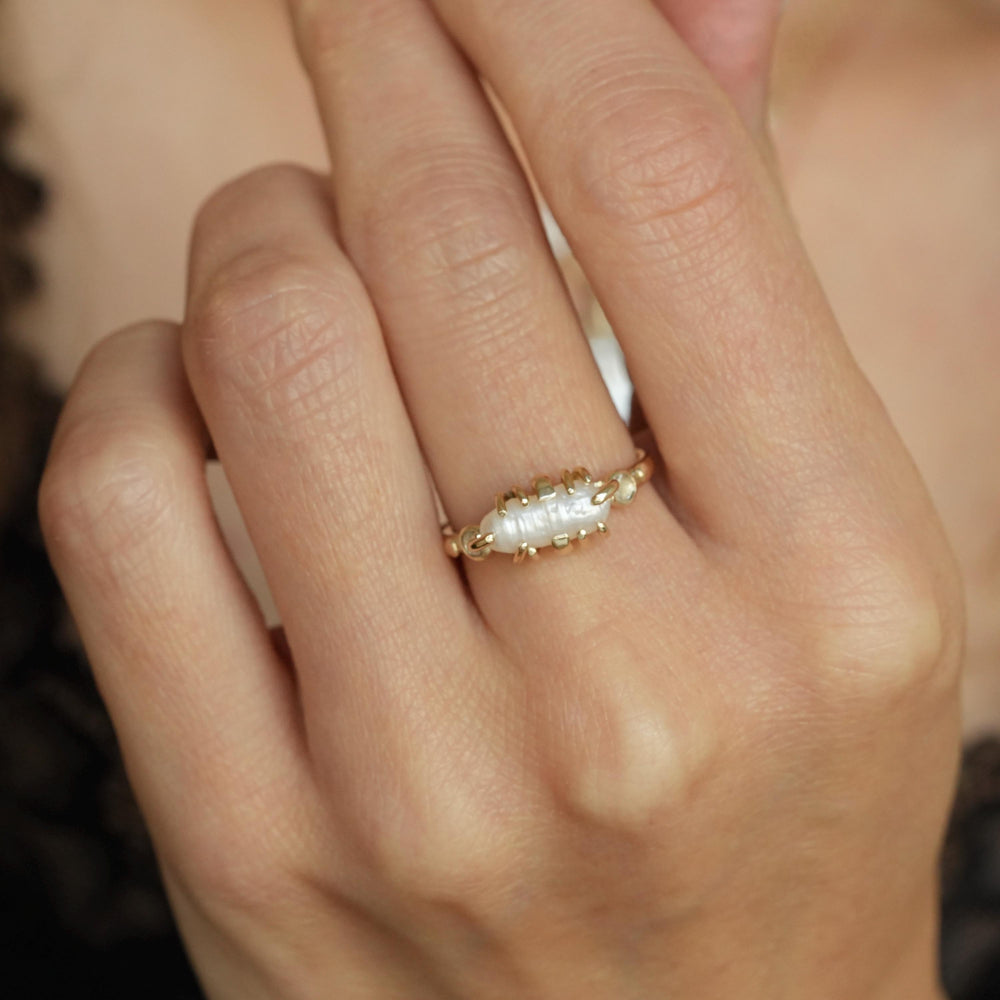 Pearl and Diamond Ring: RTS 14k Solid Yellow Gold 12 Prong Set White Oval Baroque Pearl and Clear Round Diamond Ring in US size 5.75